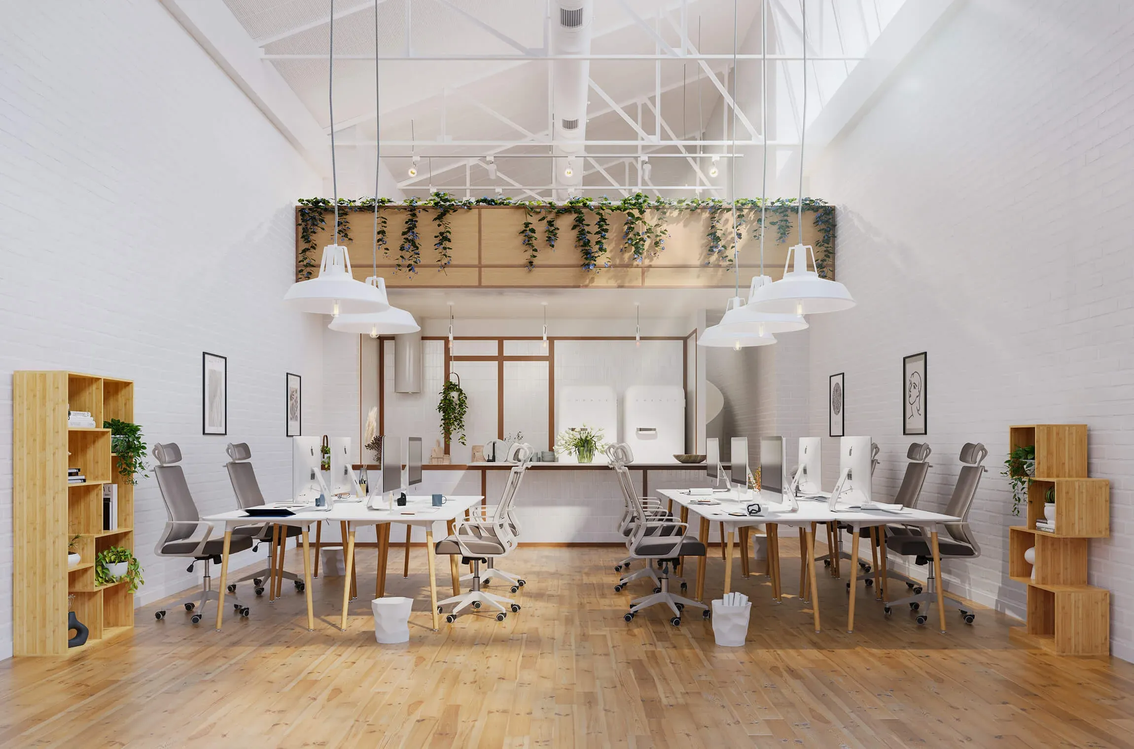 3D visualization of modern office with shared desks, ergonomic chairs, wooden floor, and hanging lamps