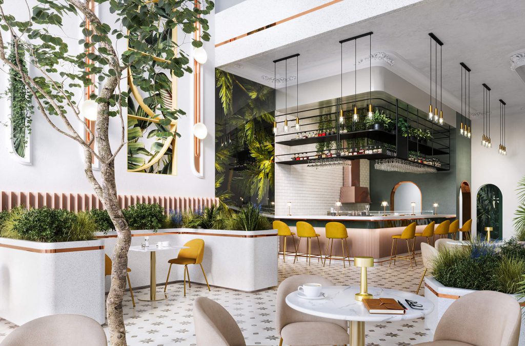 3D Interior Visualization of trendy Cafe with Realistic fittings Rendering