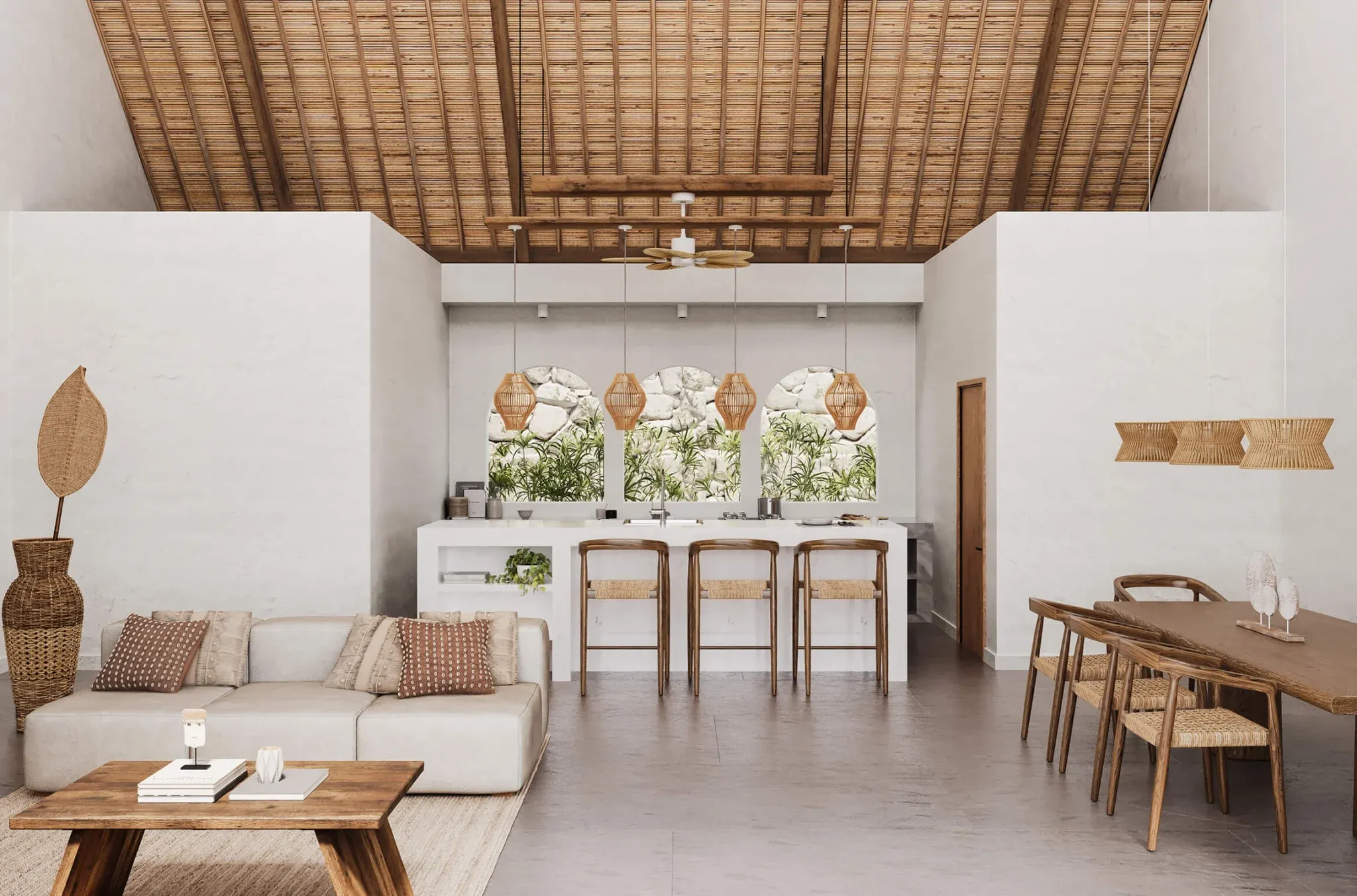 3D visualization of tropical interior with sofa, wooden coffee table, kitchen bar, and dining table