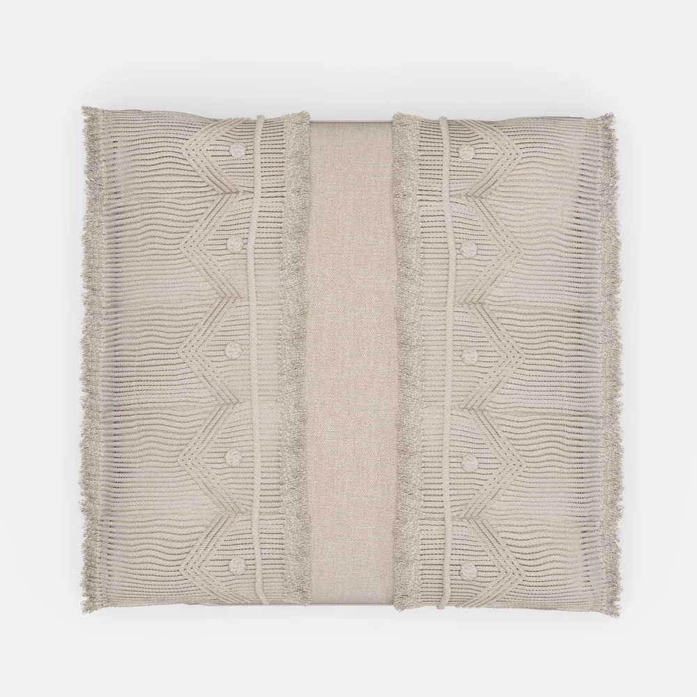 3D Rendering for catalogs showing a beige decorative pillow with textured patterns and fring