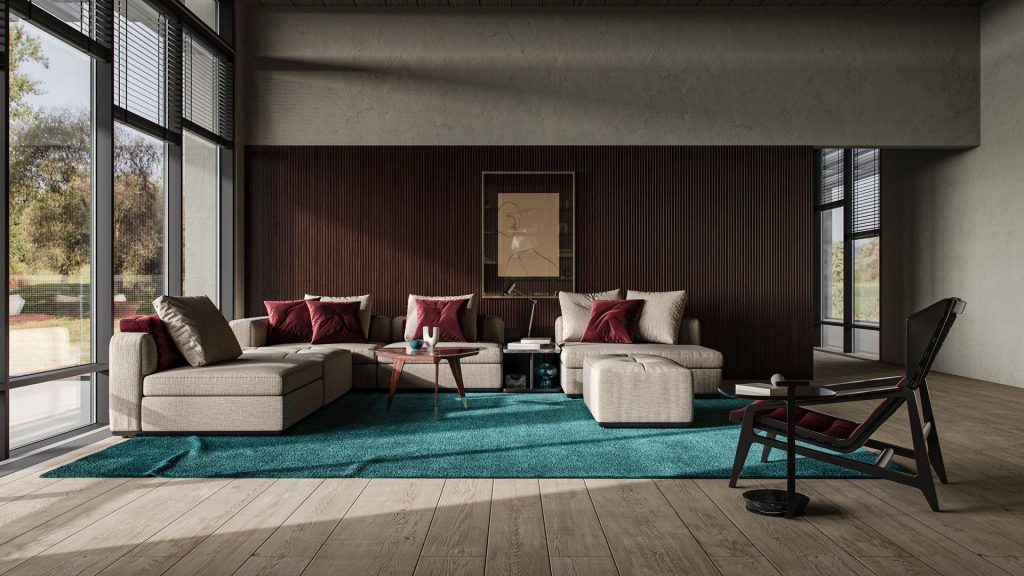 3D Interior Visualization of trendy Living Room with fittings Rendering