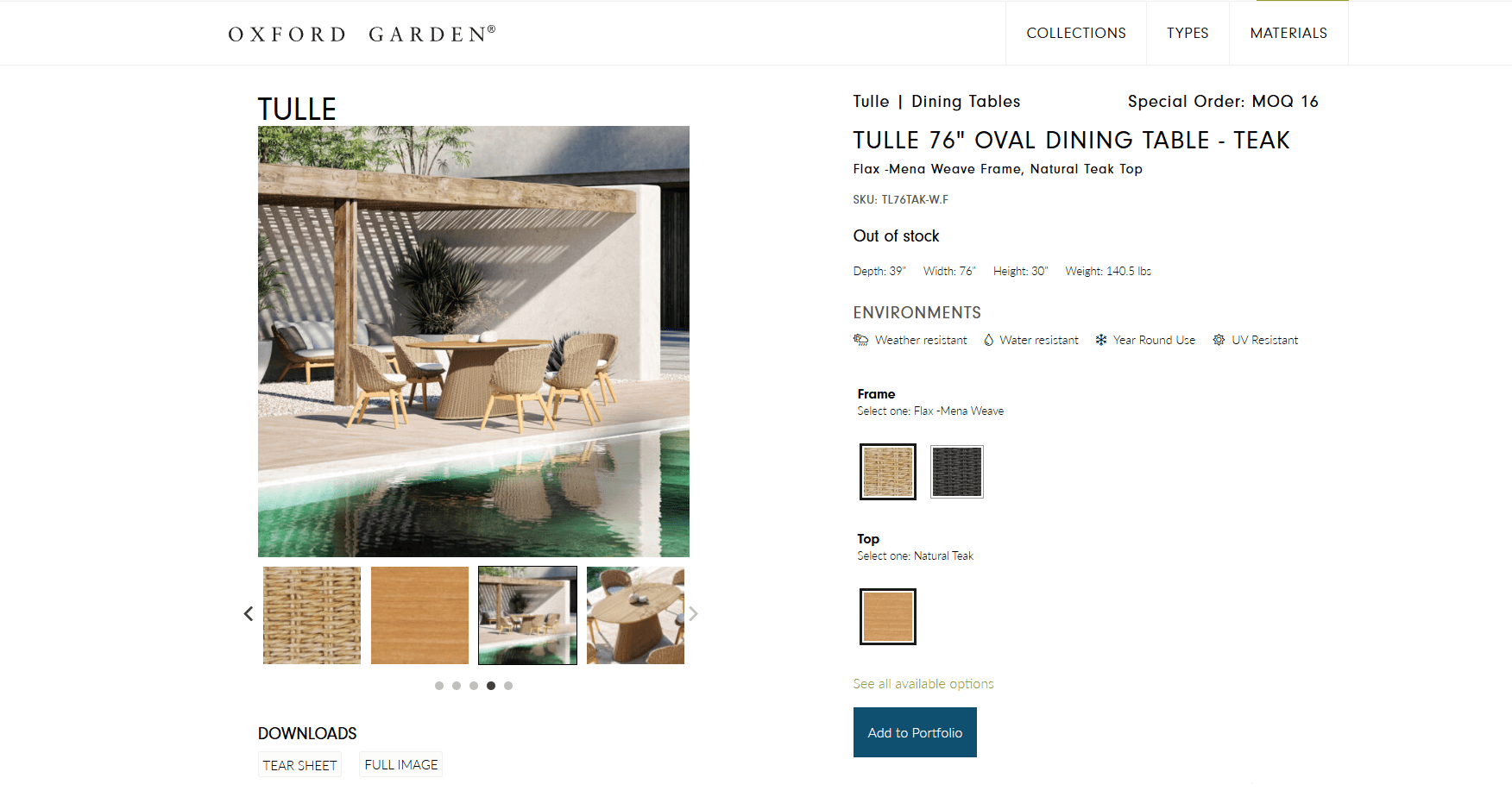 Lifestyle 3D render of a teak oval dining table set on a poolside terrace, displayed on a product page.