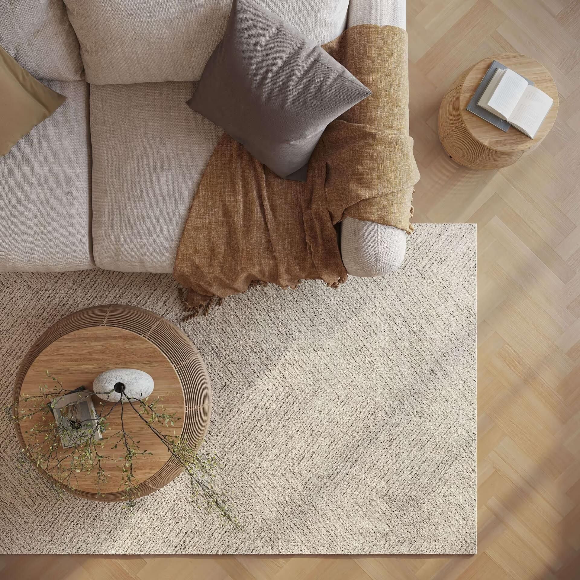 Lifestyle 3D render showing a bird’s-eye top view of a living room seating area with a sofa, rug, and coffee table