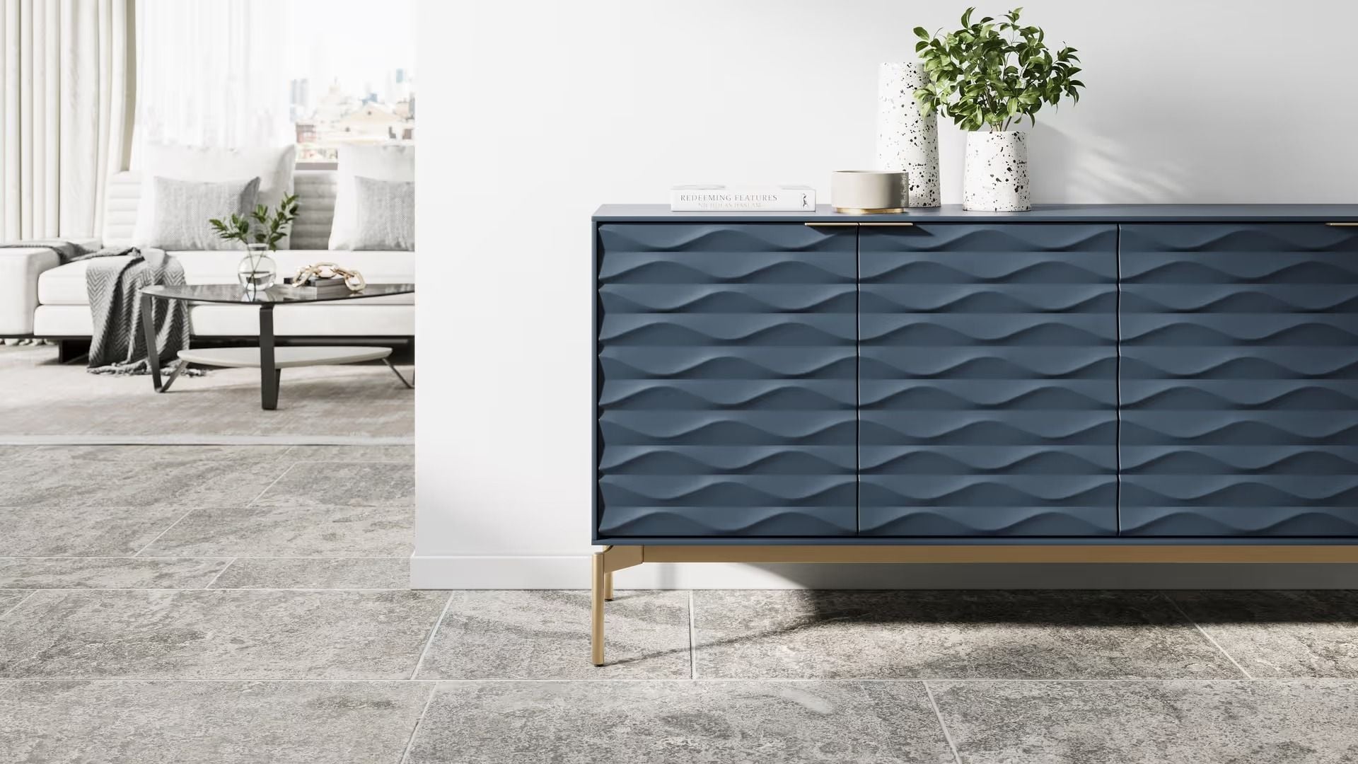 Product rendering for a textured console cabinet in a blue finish to present a color variant in a 3D scene