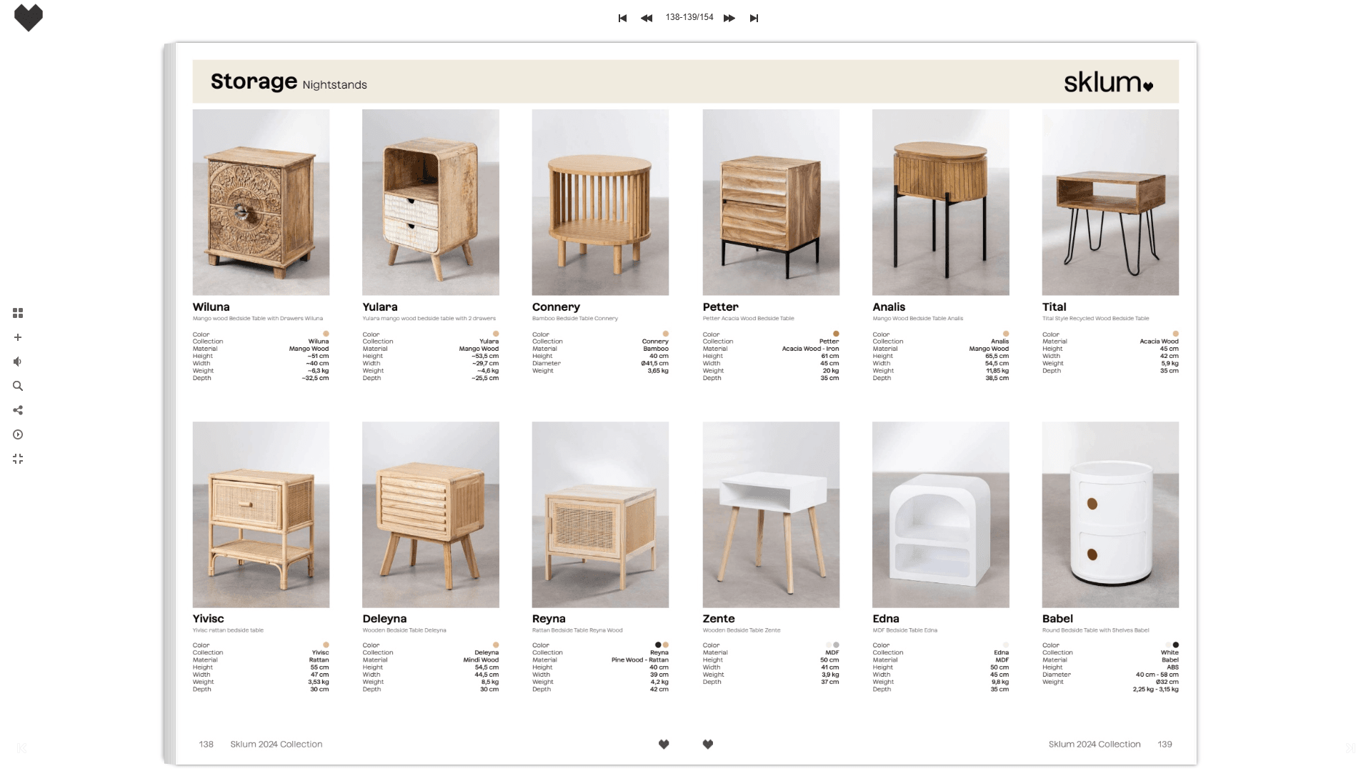 Furniture catalog page showing multiple nightstand product renders with consistent lighting and scale