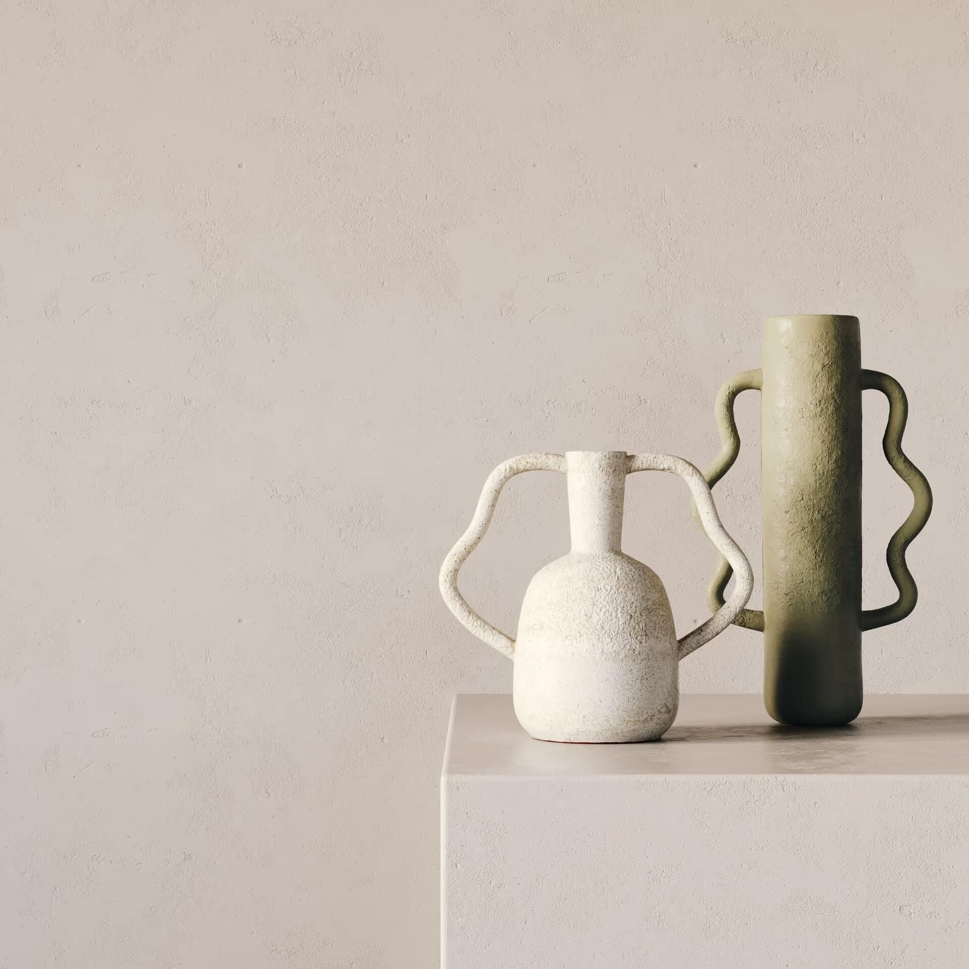 3D rendering of ceramic vases placed on a geometric architectural background used to support product presentation