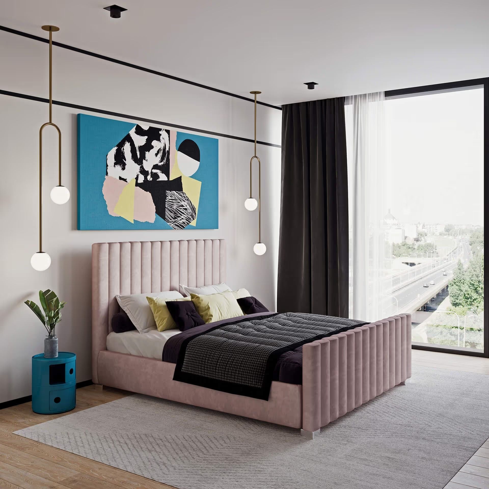 3D rendering showing a modern upholstered bed in a lifestyle bedroom scene, 45-degree corner