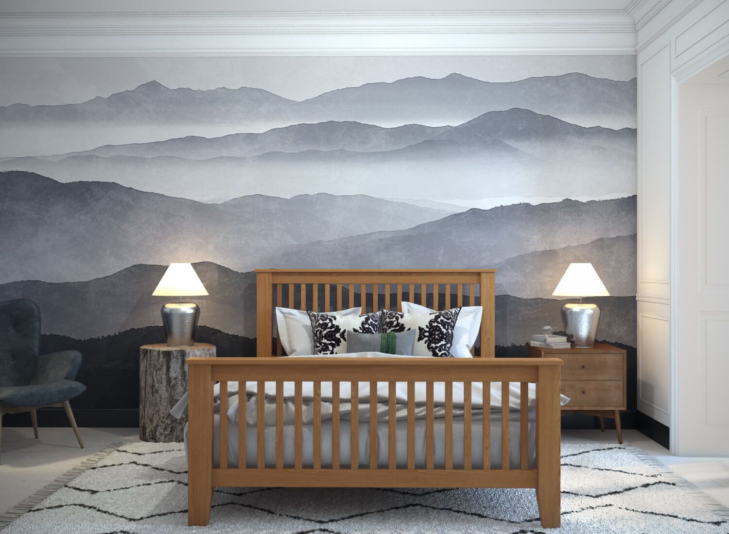 Wooden Bed with Grey Sheets CGI