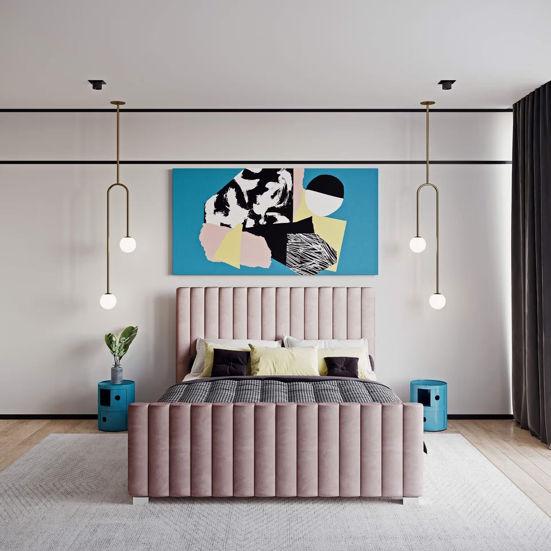 3D rendering showing a modern upholstered bed in a lifestyle bedroom scene, front view