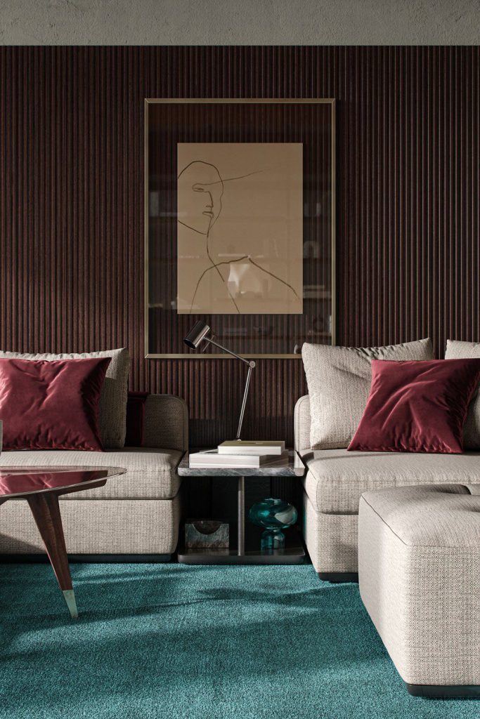 3D Interior Visualization of trendy Living Room with Custom fittings