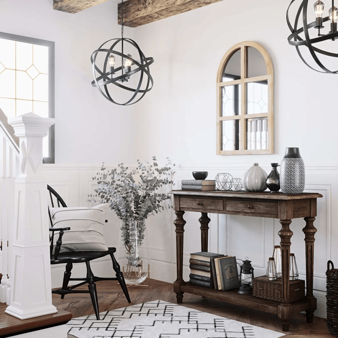 Product Rendering for a Hallway with a Wall Mirror and Wooden Furniture