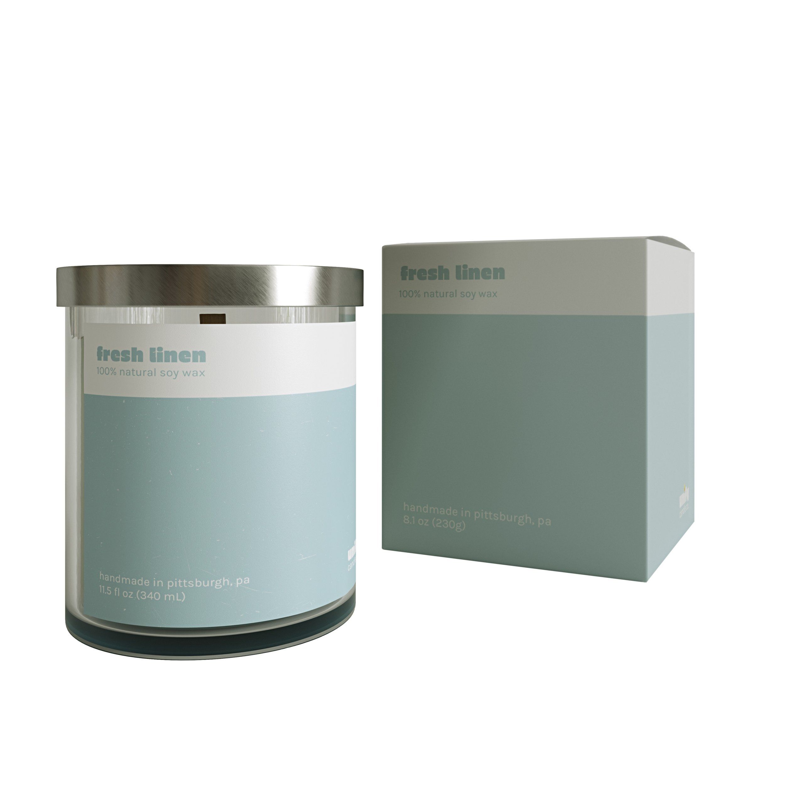3D product visualization of fresh linen candle with packaging, showcasing photorealistic rendering and CGI solutions