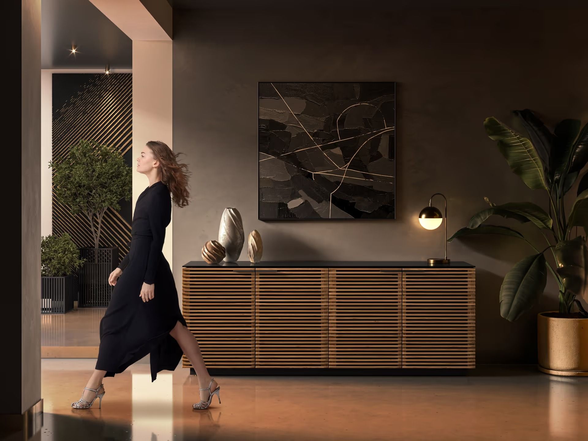 Product visualization showing a console cabinet in a lifestyle interior with a walking human figure to demonstrate scale, proportions, and spatial presence