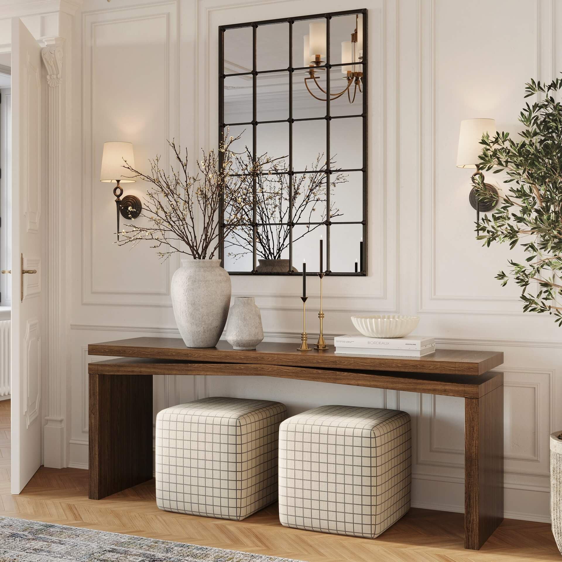 CGI rendering of a wood console table in a classic entryway with decorative mirror, vases, and upholstered ottomans