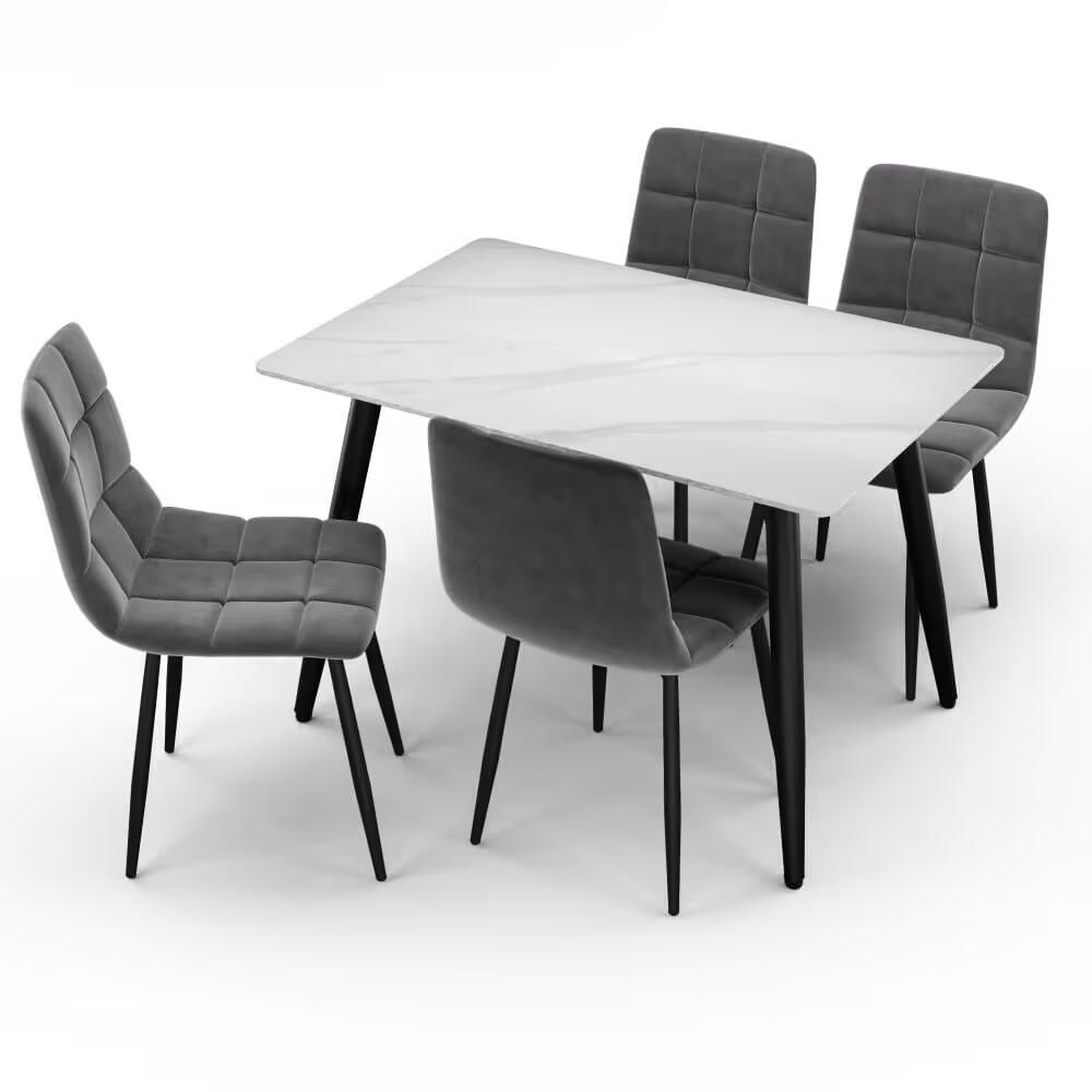 White background render of a modern dining table and chairs showing materials, proportions, and surface finishes