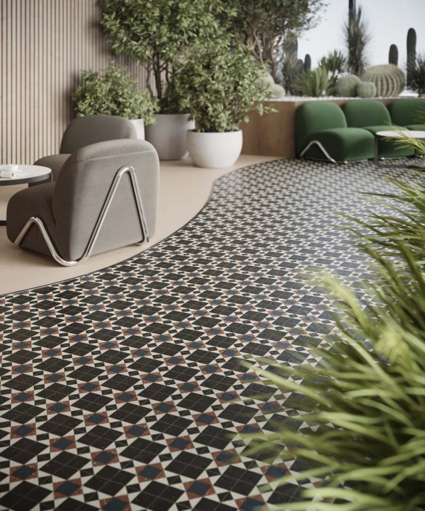 3D Interior Visualization of trendy fittings and Geometric Flooring