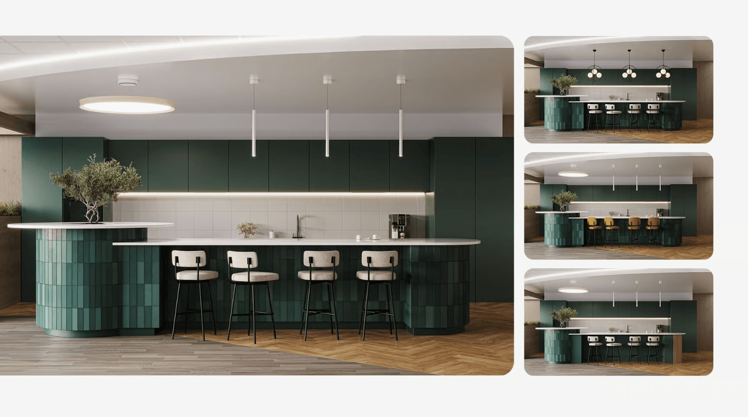 Kitchen island render shown in three color variants from one model