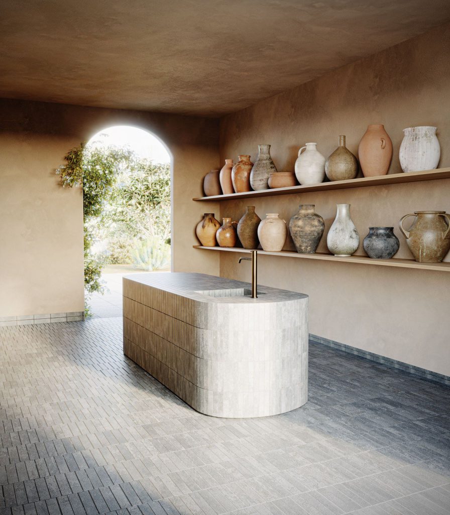 3D Interior Visualization of Modern Kitchen with Pottery Display