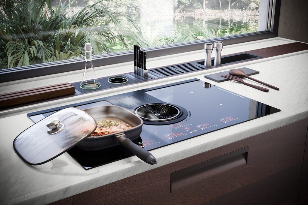 3D Kitchen Interior Rendering with Modern Cooktop