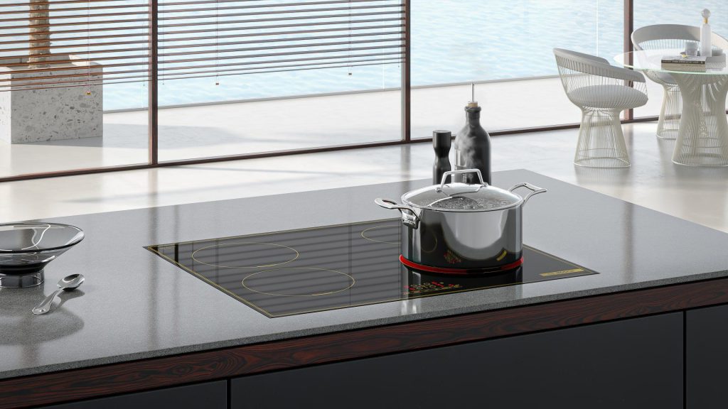 3D Kitchen Interior Rendering with trendy Cooktop