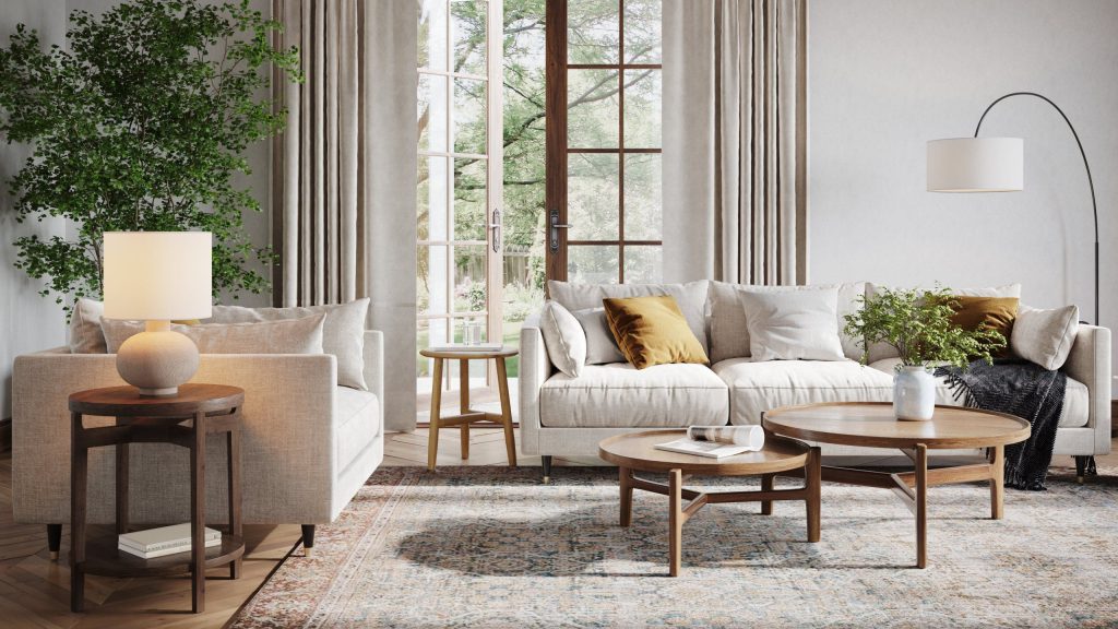 3D Interior Visualization of Modern Living Room with Furniture Rendering