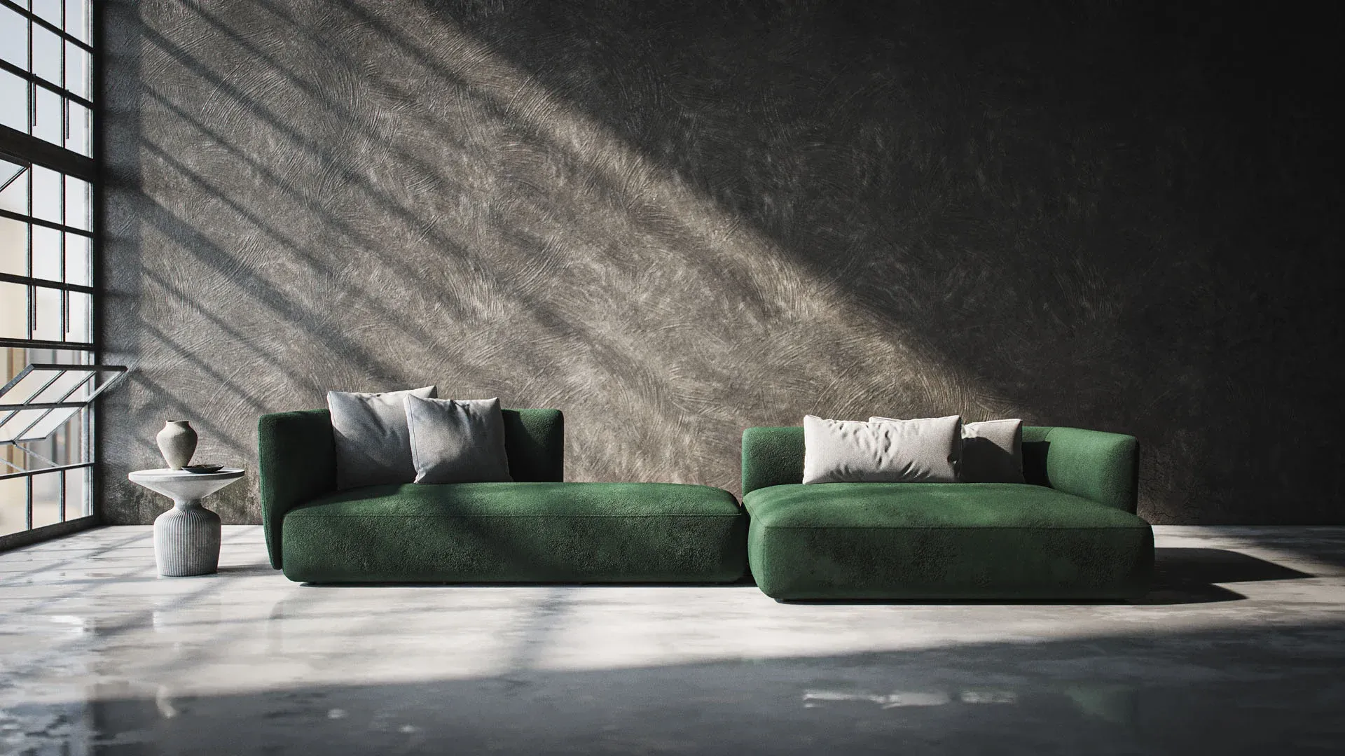 3D Visualization for a Green Sofa in a Minimal Space