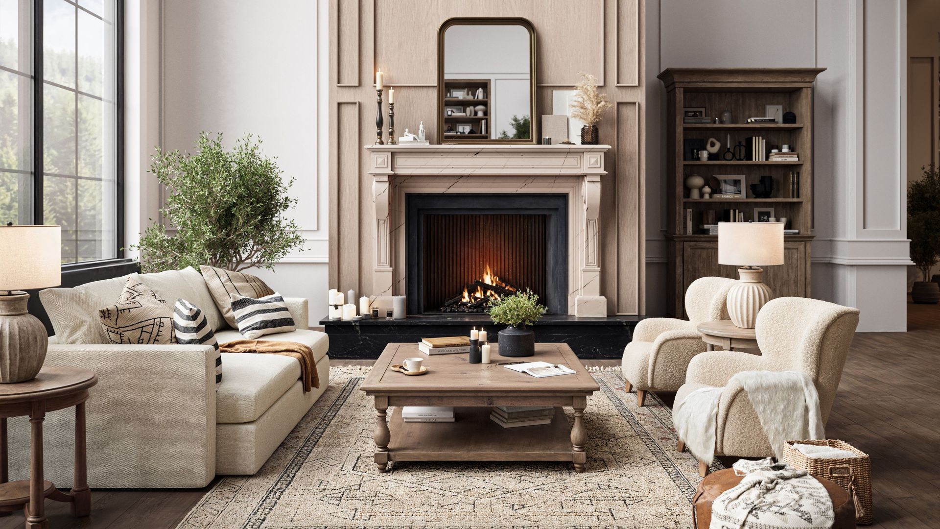 Style focused living room 3D rendering with coordinated furniture, materials, and colors forming a cohesive interior background