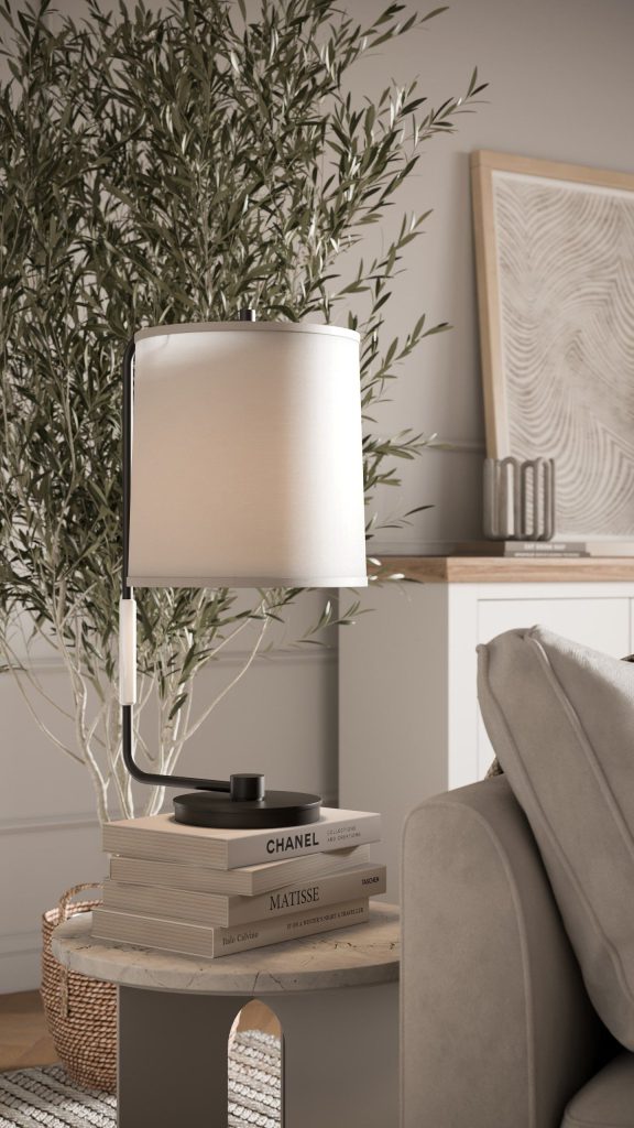 3D Interior Visualization of trendy Living Room with Lamp and Books