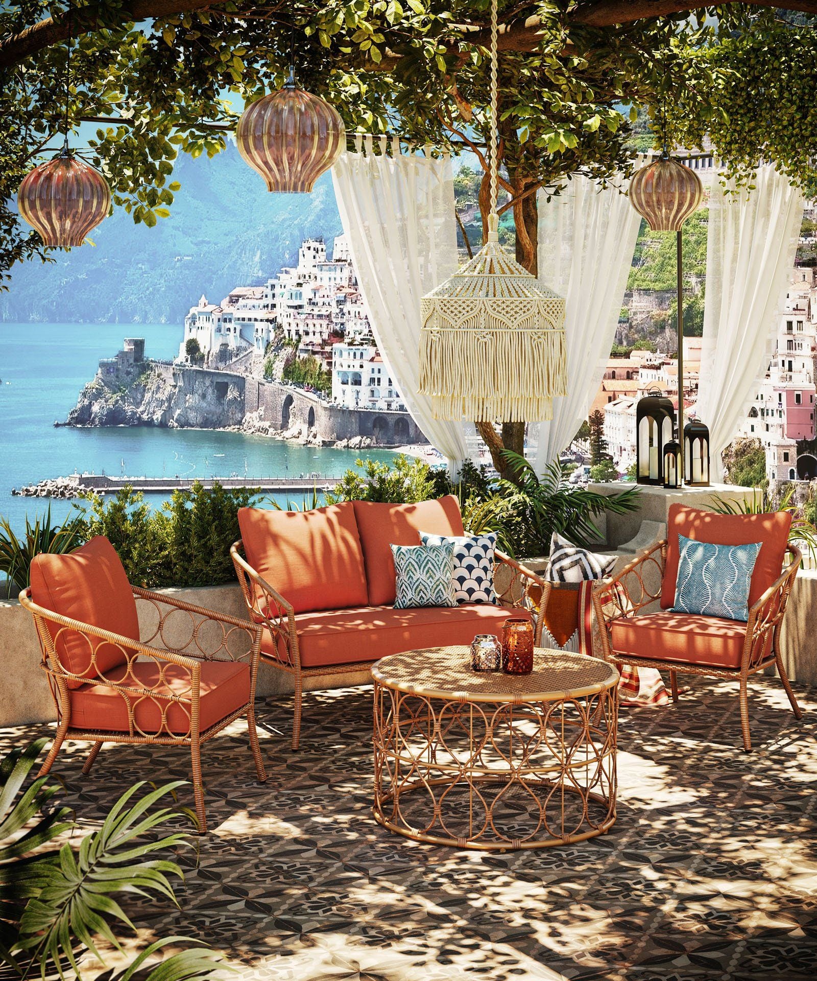 Terraces 3D rendering: Italian coastal terrace with rattan furniture and terracotta cushions
