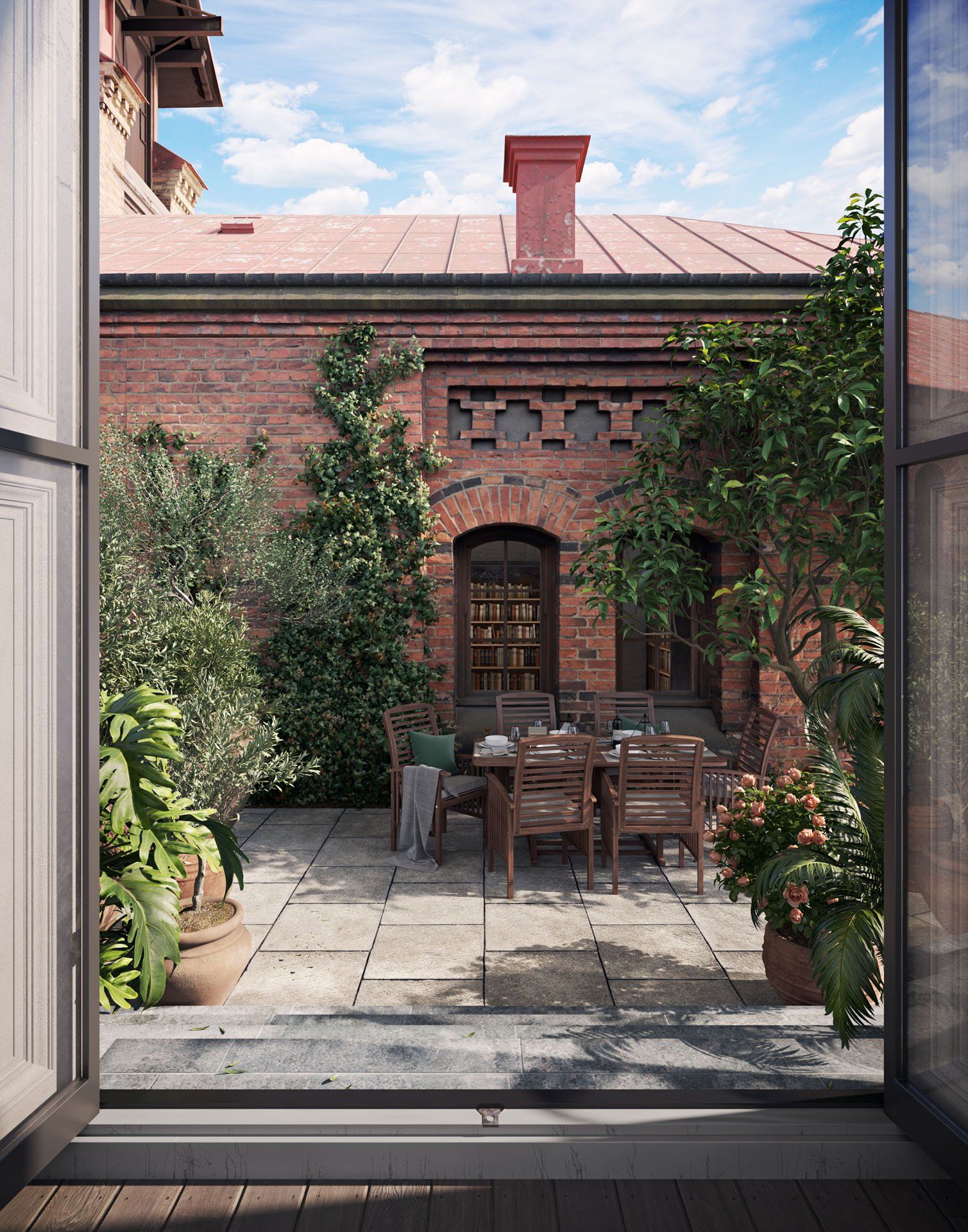 Terrace rendering: wooden outdoor dining set in courtyard with soft cushions