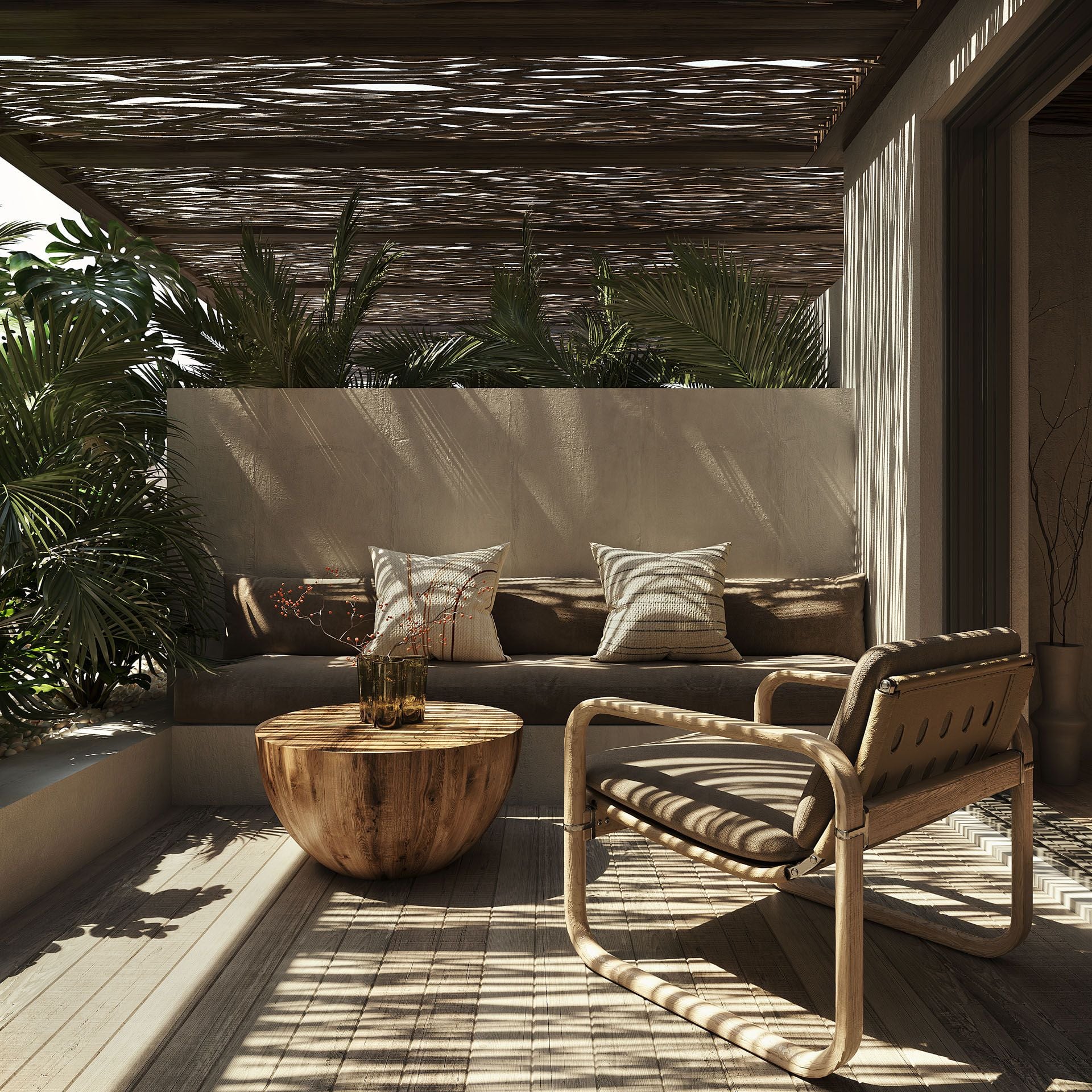 Terrace rendering: wooden patio furniture with pergola and tropical plants