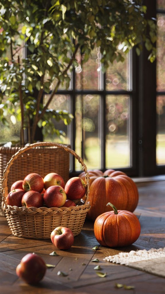 3D Interior Visualization with Basket of Apples and Pumpkins