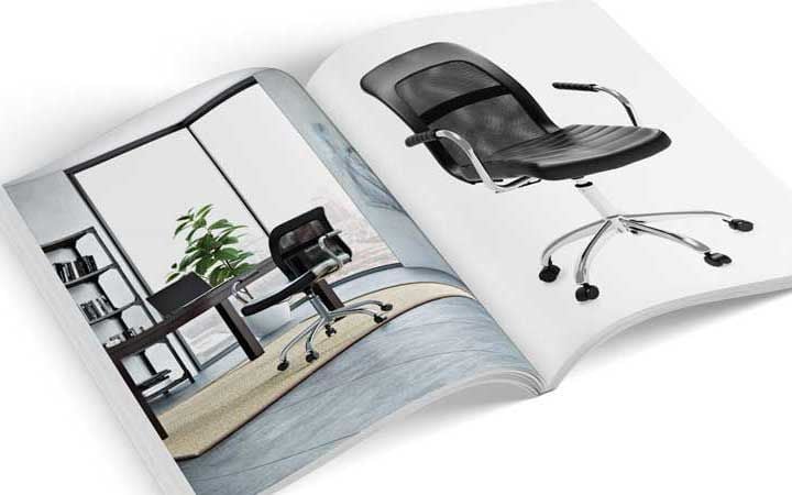 Open catalog featuring 3D-rendered images of an office chair.
