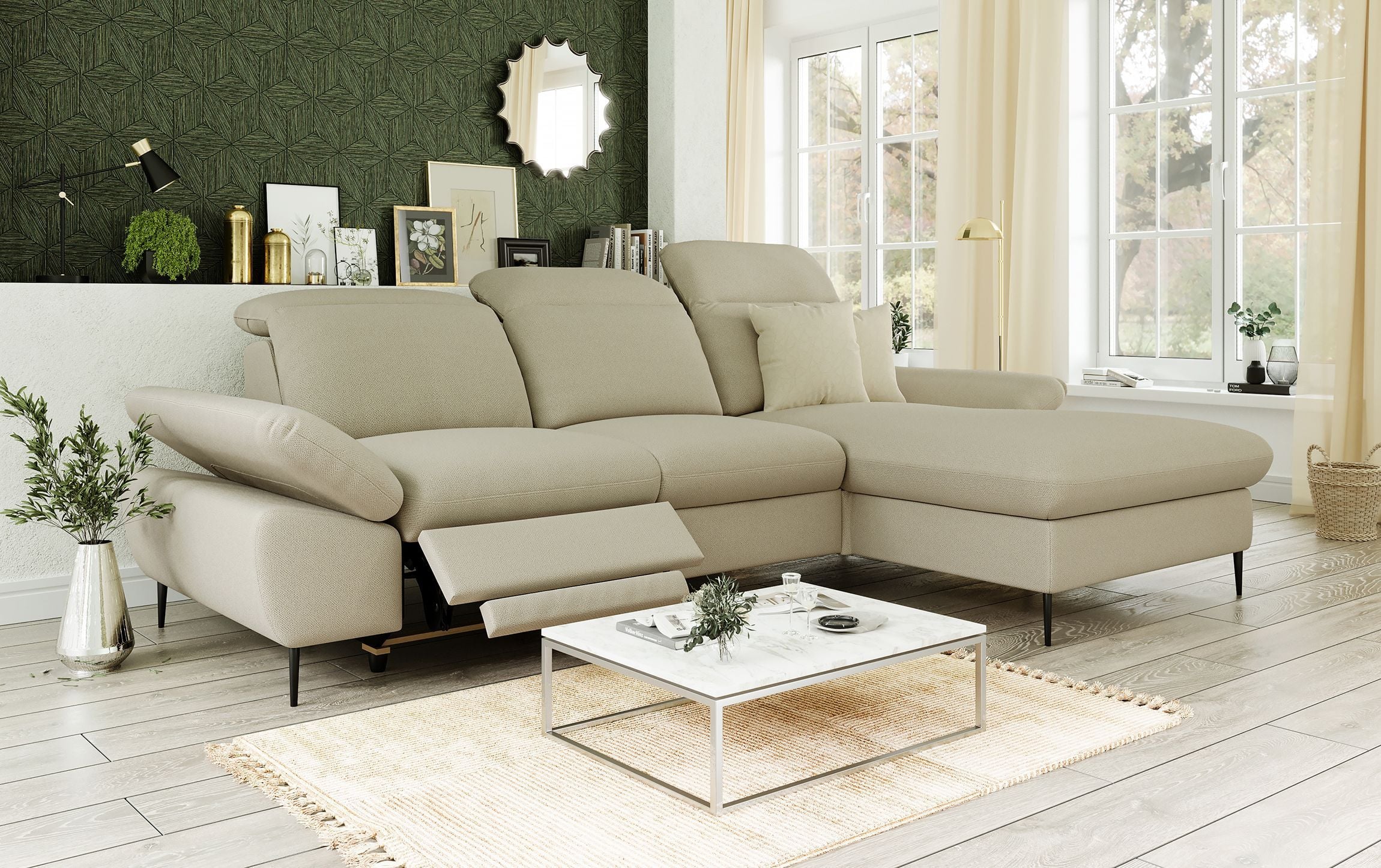 Recliner sofa with extended footrest positioned in a bright living room with plants and soft textures in 3D rendering