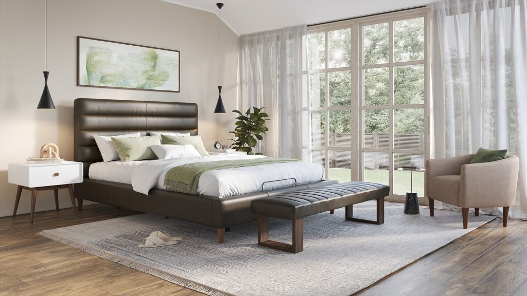 3D Interior Visualization of trendy Bedroom with fittings Rendering