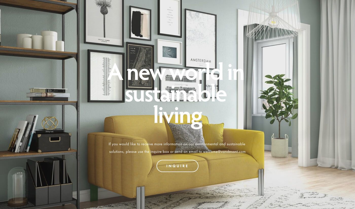 3D furniture modeling and rendering showcasing a sustainable living room with a yellow sofa and wall art