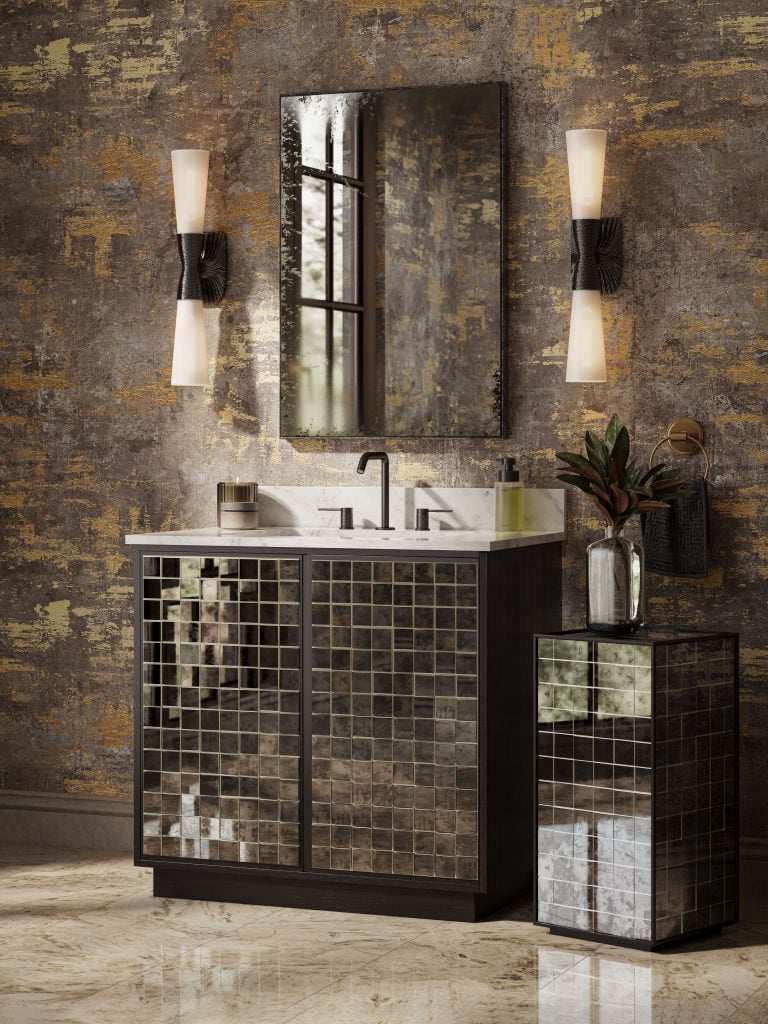 3D Rendering of a Vanity, Sconces, and Mirror in a Powder Room
