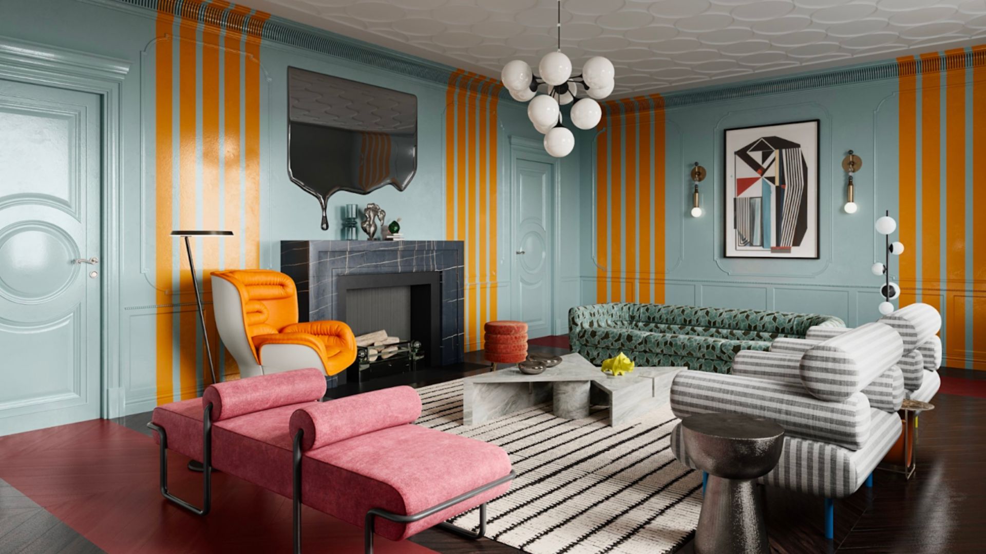 A dynamic and motivational design space with a striking color palette and a mix of traditional and modern decor
