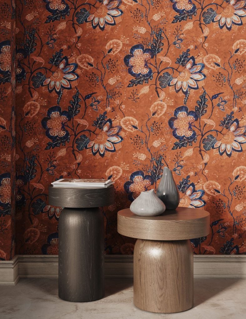 3D Furniture Rendering with Floral Wallpaper – Photorealistic Visualization