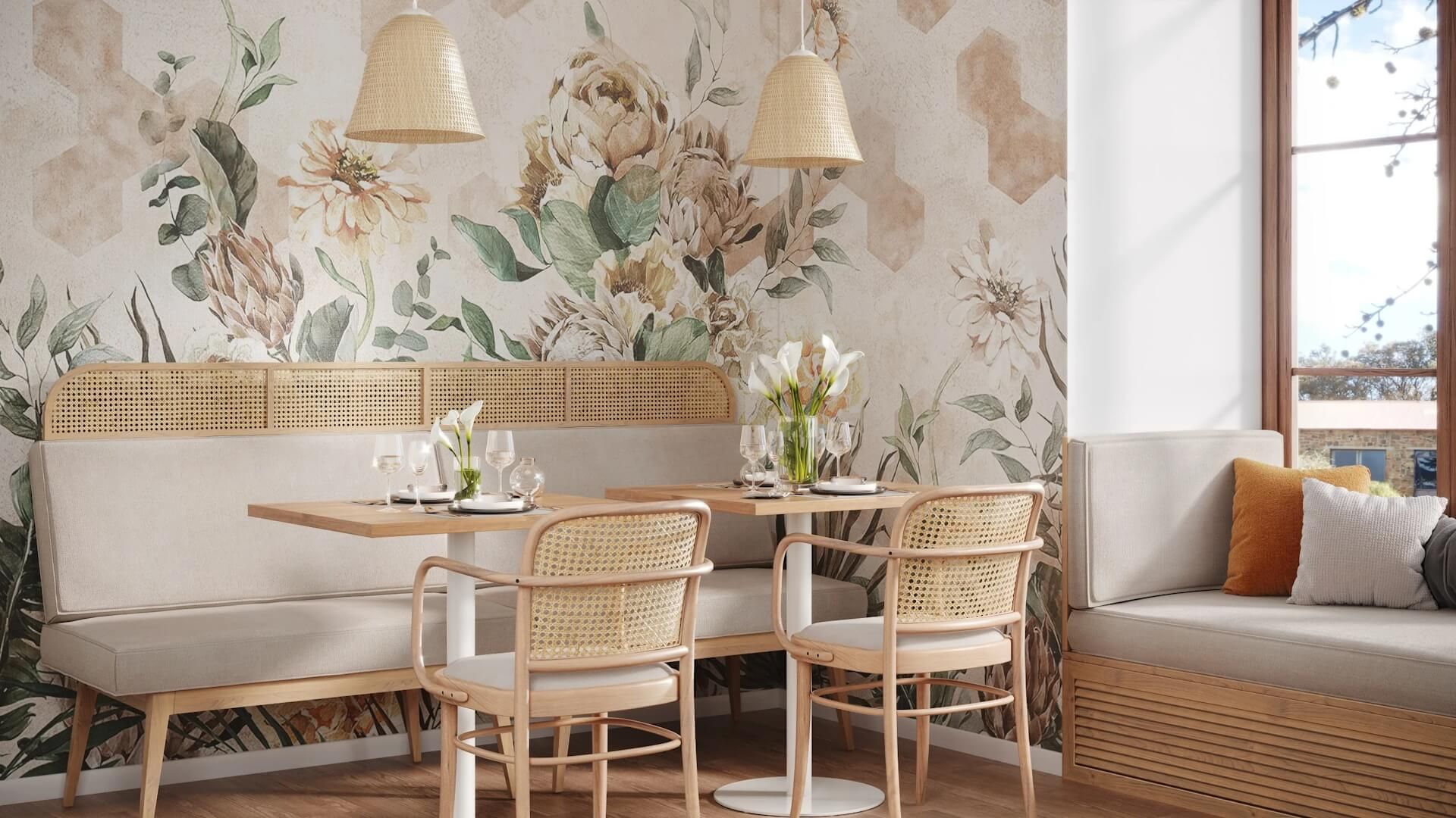Cafe interior with a floral wall covering
