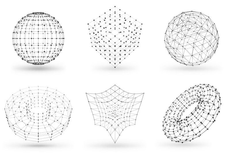 A Graphic with Different 3D Models Made with Polygon Vertices and Edges