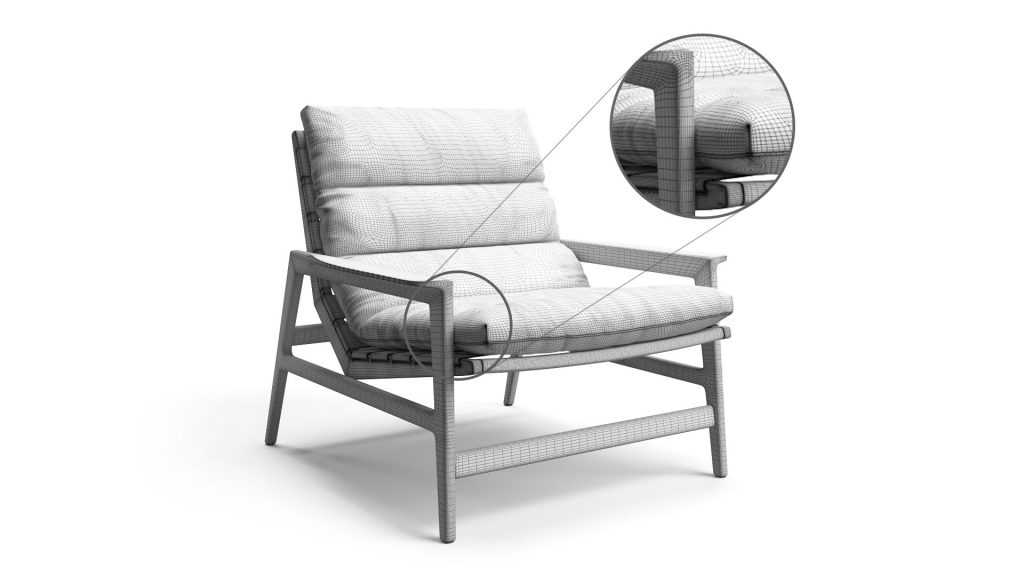 Polygon mesh of a 3D chair model showing polycount density in product visualization