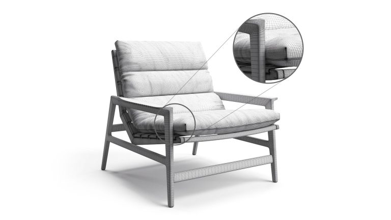 Polygon mesh of a 3D chair model showing polycount density in product visualization