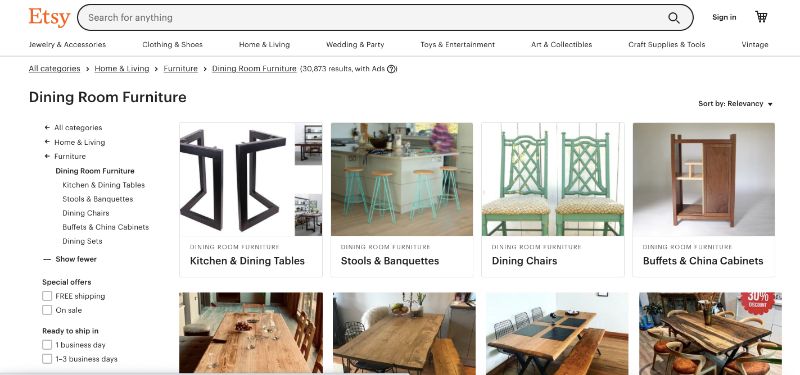 A Screenshot of Etsy Online Marketplace Where Brands Can Sell Their Furniture and Decor
