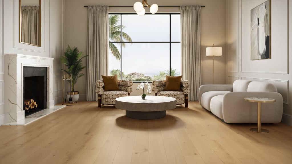 CGI of Wide Plank Flooring in an Elegant Living Room