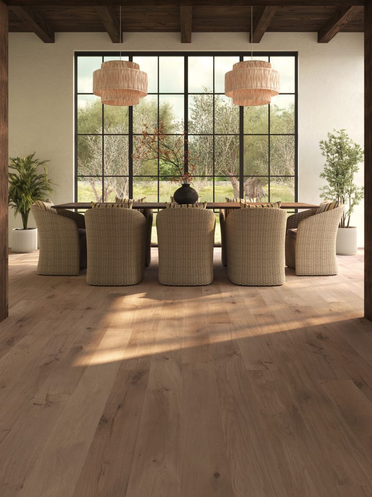 3D Rendering of Wide Plank Flooring in a Rustic Dining Room