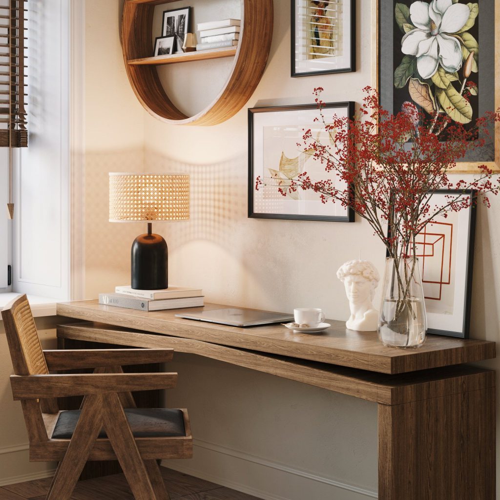3D Interior Visualization of a Modern Workspace with Custom Furniture