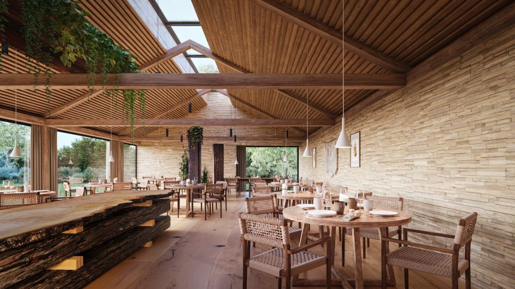 3D Interior Visualization of a Rustic Dining Space