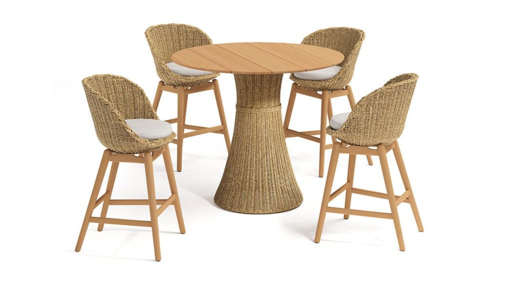 Round wicker outdoor bar table with four cushioned bar chairs arranged around it, presented in a silo render