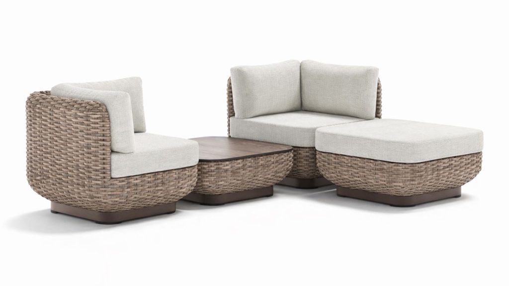 Modular wicker outdoor seating with soft cushions and a low coffee table arranged as a lounge set, shown in 3D visualization